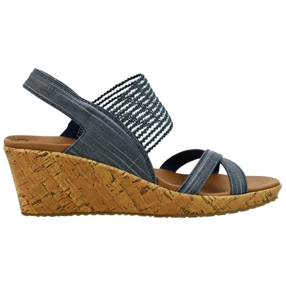 Skechers Beverlee-High Tea Luxe Foam Blue Denim Cork Heel Wedge Sandals Size 8